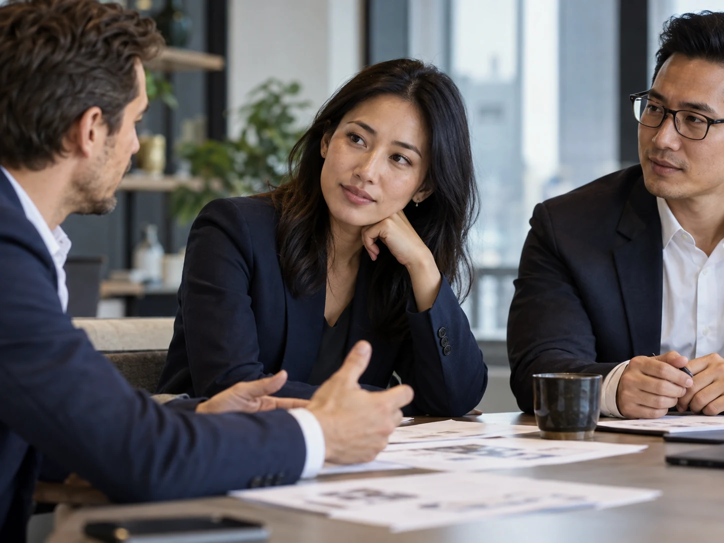 Professionals considering ideas together in a working conversation