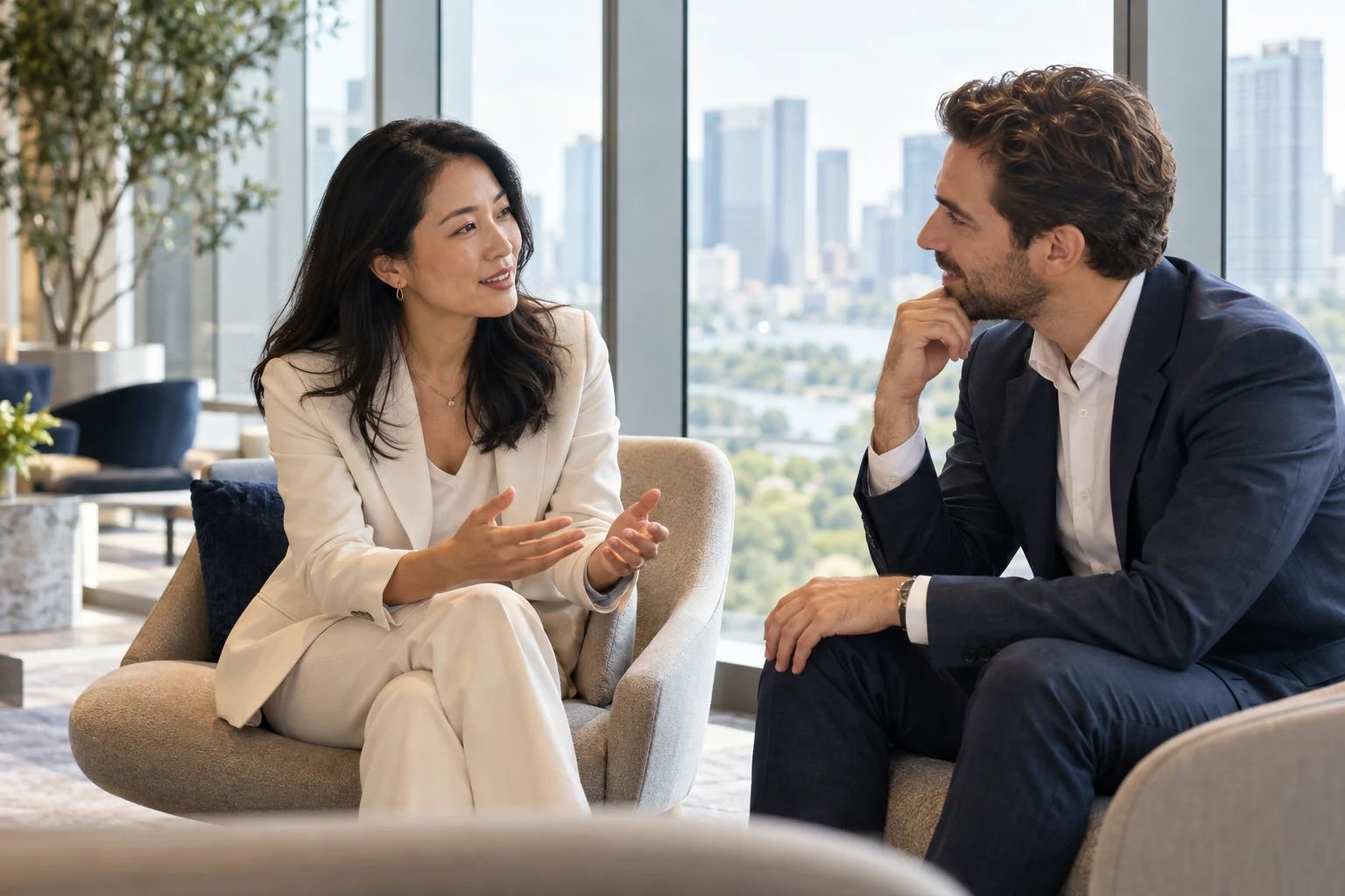 Two professionals exchanging ideas in a bright workplace lounge