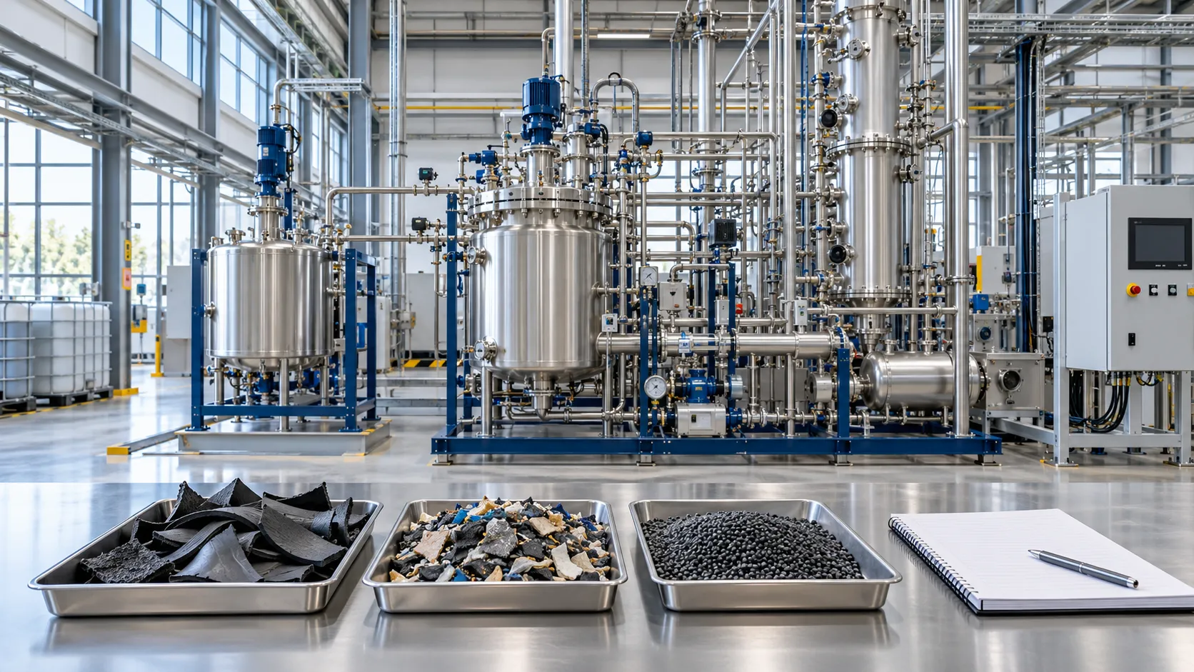 Elastomer offcuts, mixed feedstock and black granules in trays beside stainless steel pilot processing equipment